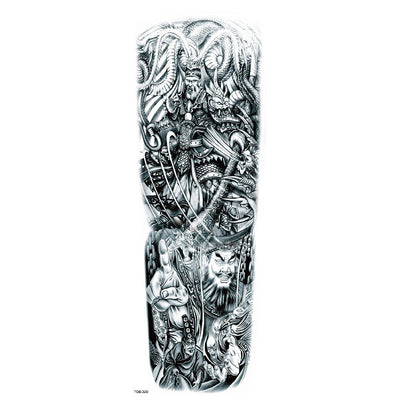 Full arm temporary tattoo sticker with a black, red, and light blue tribal design, featuring abstract shapes and patterns. - Image 25