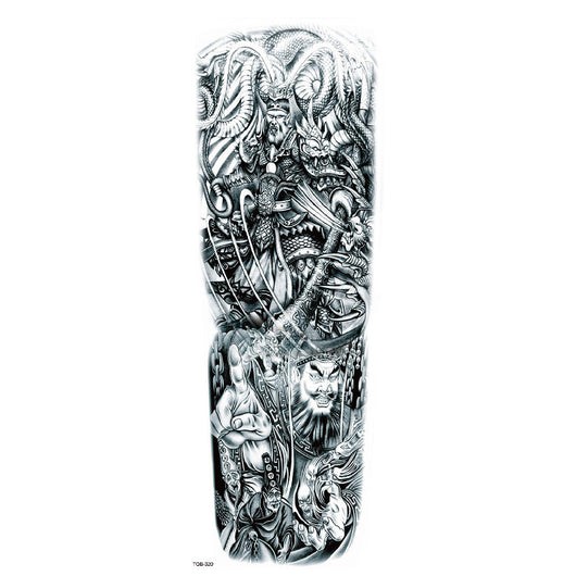 Full arm temporary tattoo sticker with a black, red, and light blue tribal design, featuring abstract shapes and patterns. - Image 25