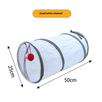 White cat tunnel with dark grey trim, featuring a red and pink hanging toy, measuring 25cm by 50cm. - Image 7