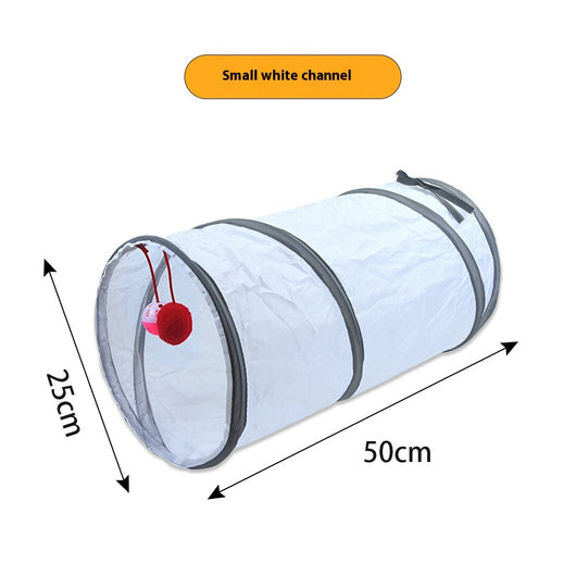 White cat tunnel with dark grey trim, featuring a red and pink hanging toy, measuring 25cm by 50cm. - Image 7
