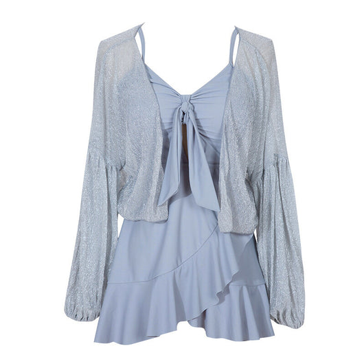 Women's light blue one-piece swimsuit with tie-front bust and ruffled hem, paired with a sheer shimmery cover-up. - Image 5
