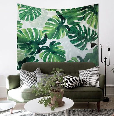 Tropical leaf and pink flamingo tapestry with "GOOD MORNING" text, hanging above a bed in a bright room. - Image 15