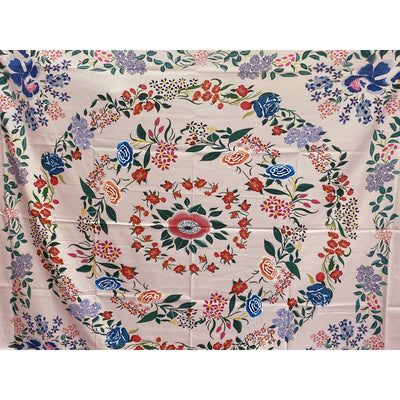 Artistic style tapestry with a vibrant floral pattern featuring a central flower and concentric rings of red, blue, orange, and pink blossoms on a light pink ba - Image 10