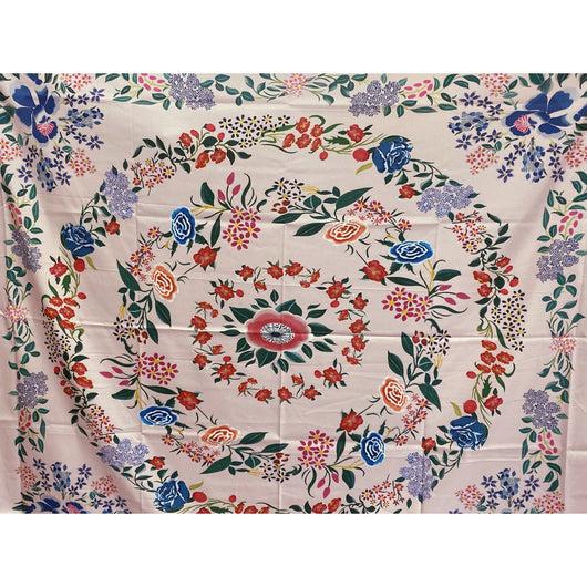Artistic style tapestry with a vibrant floral pattern featuring a central flower and concentric rings of red, blue, orange, and pink blossoms on a light pink ba - Image 10