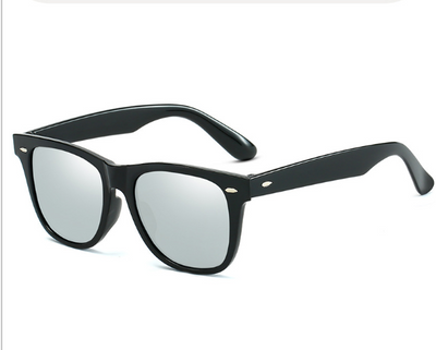 Black Wayfarer-style sunglasses with silver mirrored lenses and small gold accents on the frame. - Image 8