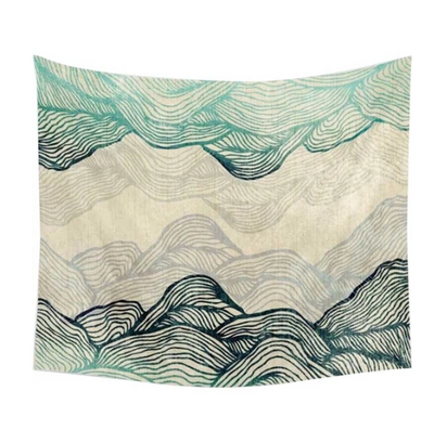 Dreamland Mountains Tapestry with abstract teal and grey wavy lines depicting a mountain landscape on a cream background. - Image 2