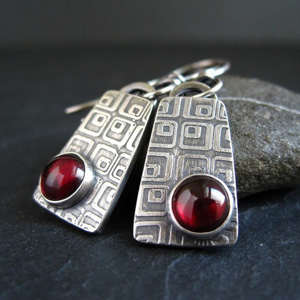 Aretes Geométricos Cuadrados Retro con Rubí Incrustado Estilo Europeo y Americano