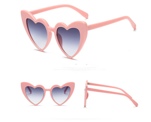 White heart-shaped sunglasses with dark gray lenses, shown from front, top, and side views on a white background. - Image 8