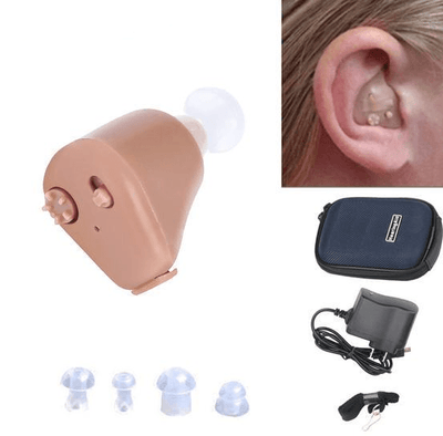 Beige rechargeable mini hearing aid with a clear ear dome, featuring volume control and an on/off switch.