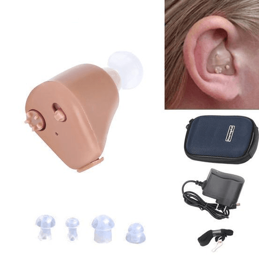 Beige rechargeable mini hearing aid with a clear ear dome, featuring volume control and an on/off switch.
