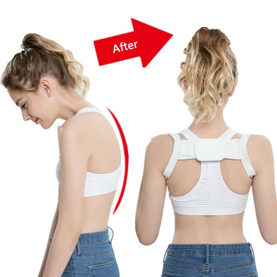 White posture correction belt with adjustable shoulder straps and a central rectangular pad for back support.