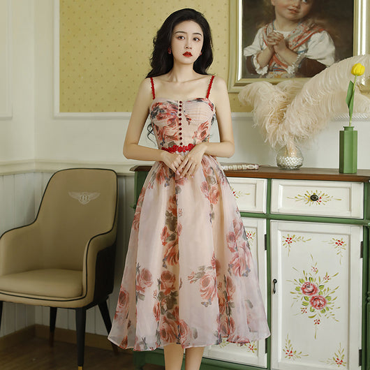 Vestido Floral Vintage con Tirantes y Cintura Ajustada para Verano - Image 3