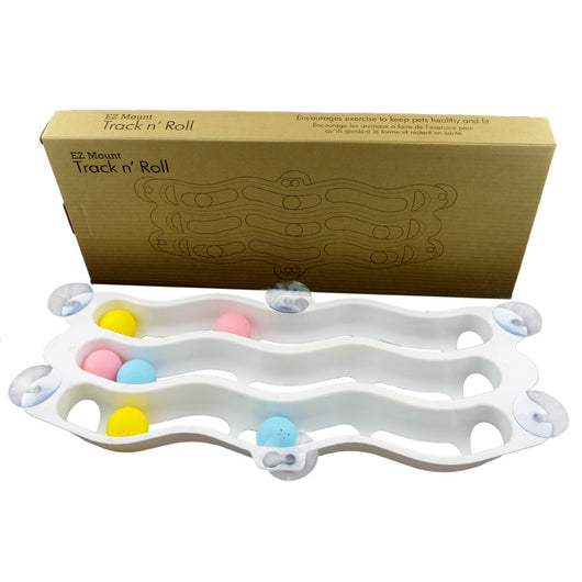 Light blue wavy cat track toy with three levels, colorful balls, and suction cups for window attachment. - Image 2