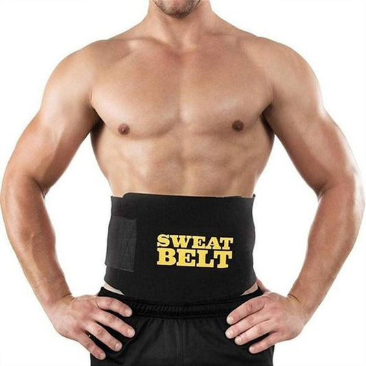 Black sweat waist belt with yellow 'SWEAT BELT' text and a hook-and-loop closure for adjustable fit.