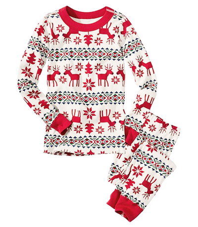 White and red Christmas parent-child pajama set with reindeer, snowflake, and geometric patterns. - Image 4
