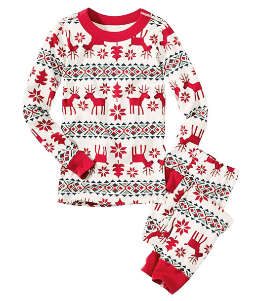 White and red Christmas parent-child pajama set with reindeer, snowflake, and geometric patterns. - Image 4