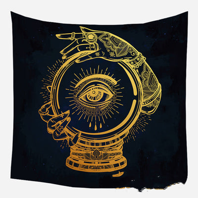 Golden crescent moon and woman silhouette tapestry with a floral crown against a dark blue starry background. - Image 8