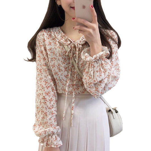 Blusa Larga de Gasa con Volantes Florales y Mangas Largas para Mujer - Image 8