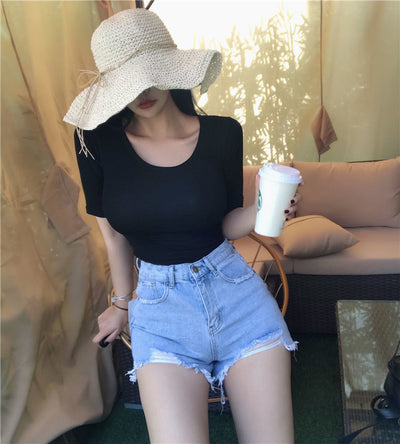 Blusa Modal Elástica Cinco Puntos - Manga Corta Mujer Color Sólido - Image 13