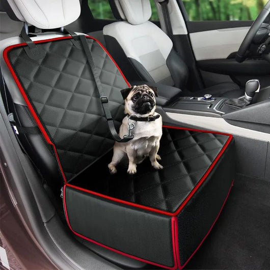 Black quilted pet car seat booster with adjustable straps and a leash attachment, designed for front seat use. - Image 4