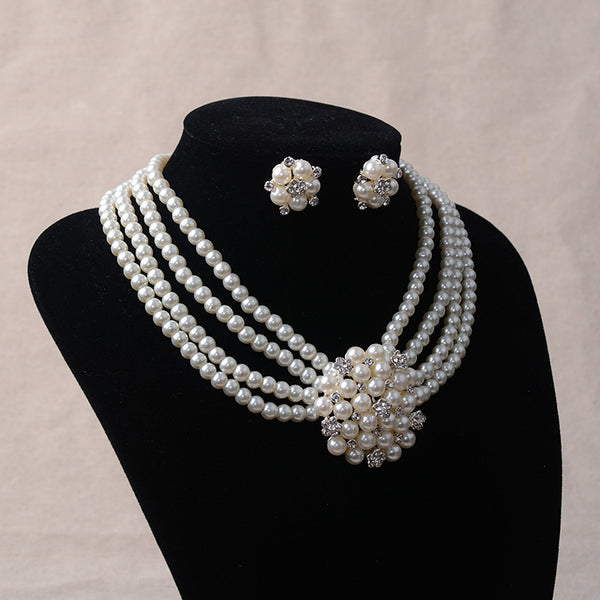 Conjunto de Joyería Nupcial Lujo: Collar y Aretes de Perlas con Flores TL060