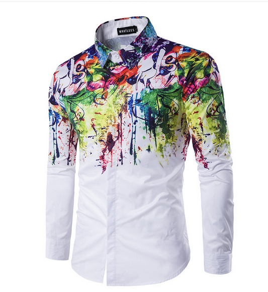 Camisa Urbana Hombre Manga Larga Diseño Splash Paint Ajuste Perfecto