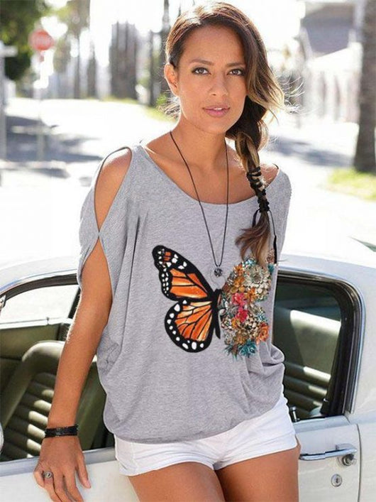 Playera Suelta con Estampado de Mariposa y Letras - Image 8
