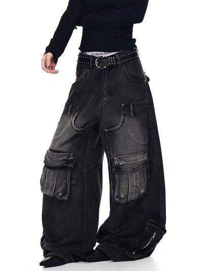 Pantalones Cargo Vintage Desgastados Multi-bolsillos Pierna Ancha Suelta - Image 12