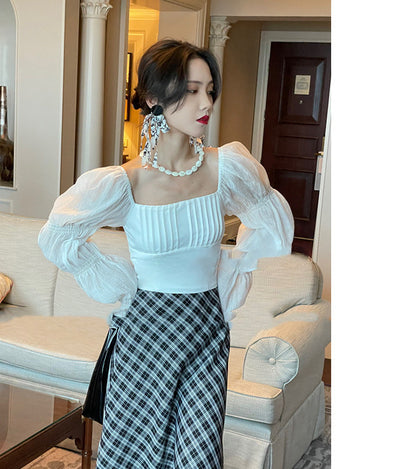 Blusa Corta Cuadros con Mangas Abullonadas Elásticas