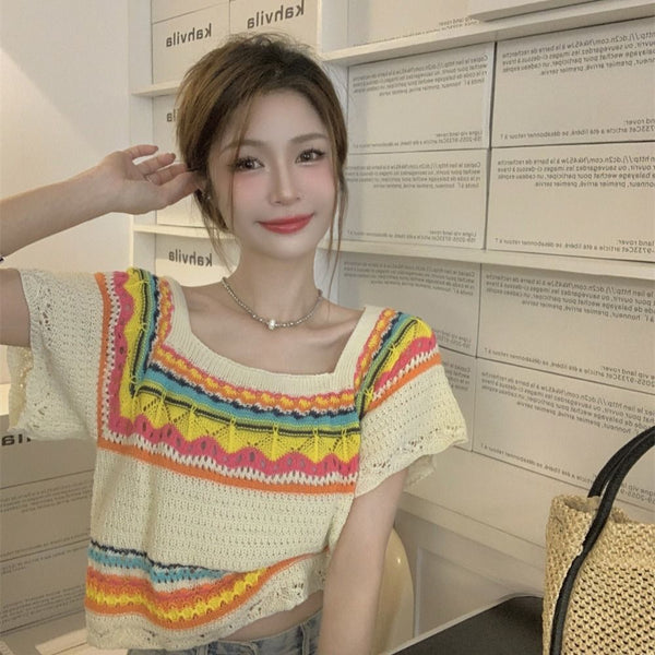 Blusa Verano Slim Fit Rayas Contraste Cuello Cuadrado Manga Corta