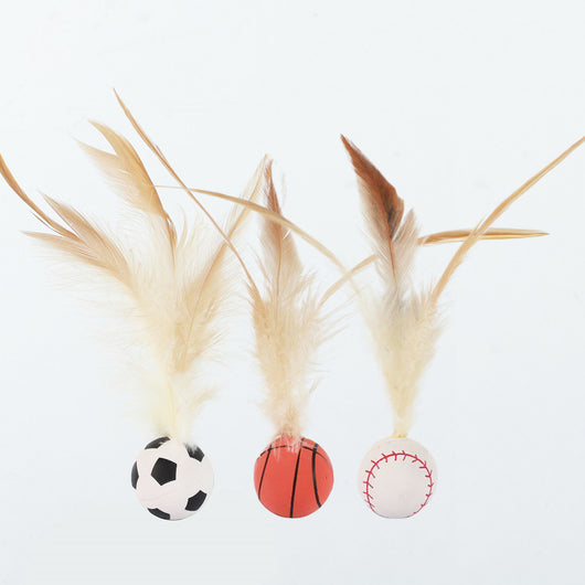 Three cat toys with pink balls and natural beige feathers, displayed on clear stands against a white background. - Image 12