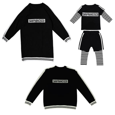 Black sweater suit with white stripes on sleeves and hem, featuring mirrored "SAN FRANCISCO" text on the chest. - Image 5