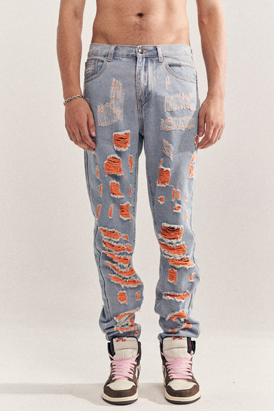 Jeans Destruidos Estilo Mendigo en Azul