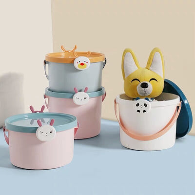 Two plastic storage buckets, one small and one large, with light blue bodies and orange lids featuring cartoon reindeer faces. - Image 4