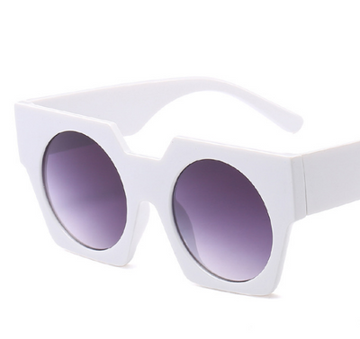 White geometric vintage big frame sunglasses with round purple gradient lenses, shown at an angle. - Image 7