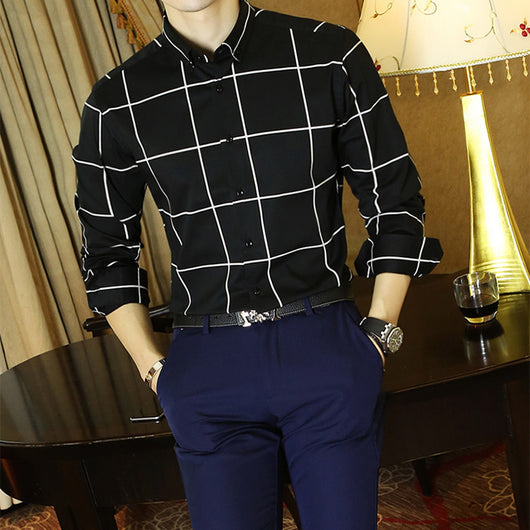 Camisa Casual de Manga Larga Cuadros Slim Fit Sin Planchado