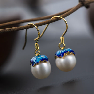 Aretes de Plata 925 con Perla de Agua Dulce Diseño Loto Tailandés