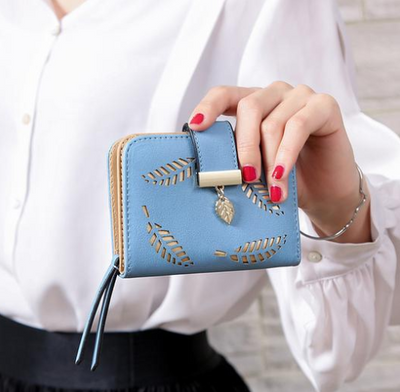 Billetera Corta Coreana para Mujer con Diseño de Hoja y Cierre de Cremallera