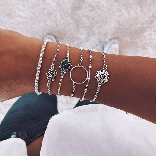 Juego de 6 Pulseras de Piedra con Hojas de Loto - Diseño Trendy Europa y Estados Unidos