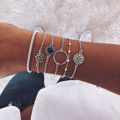 Juego de 6 Pulseras de Piedra con Hojas de Loto - Diseño Trendy Europa y Estados Unidos