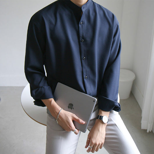 Camisa Coreana Cuello de Pie Manga Larga para Hombre - Image 7