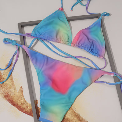 Women's cord tie triangle split swimsuit set with a vibrant blue, pink, and purple tie-dye pattern. - Image 3
