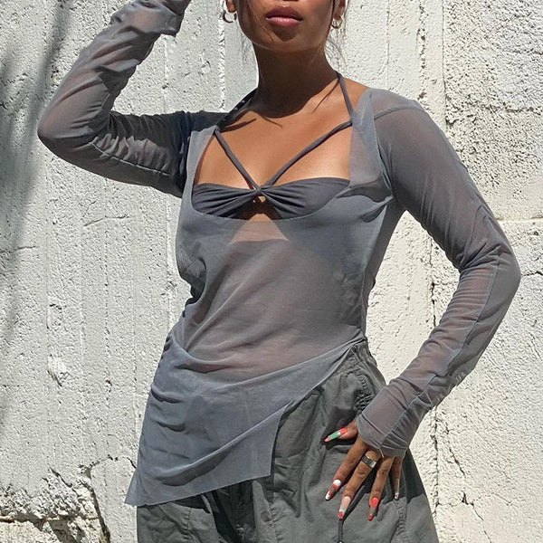 Blusa Larga de Manga Larga con Cuello Halter y Detalles Transparentes