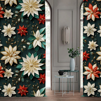 Pair of Christmas curtains with a 3D digital print of a snowy winter window scene, frosted trees, and snowflakes. - Image 30