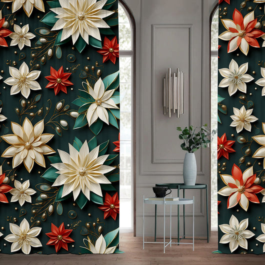 Pair of Christmas curtains with a 3D digital print of a snowy winter window scene, frosted trees, and snowflakes. - Image 30