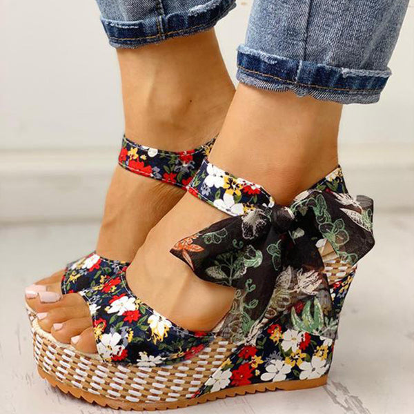 Sandalias Cuña Floral con Moño Plataforma para Mujer
