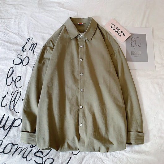 Camisa Holgada de Algodón Lavado Estilo Hong Kong Manga Larga Color Sólido - Image 8