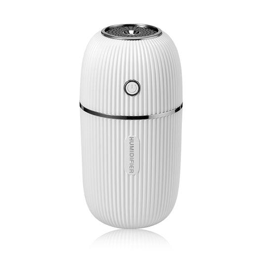 Navy blue portable humidifier with a ribbed texture, silver accents, and a power button on a white background.