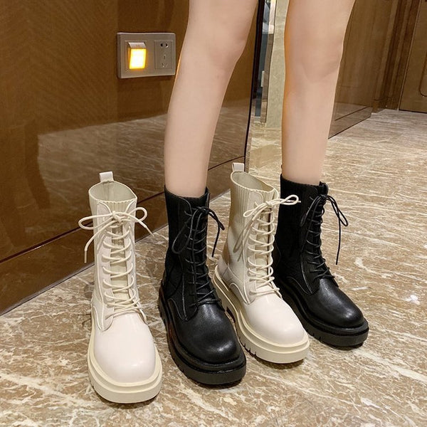 Botas Tobilleras Plataforma Estilo Británico Tejidas Elásticas