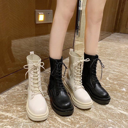 Botas Tobilleras Plataforma Estilo Británico Tejidas Elásticas